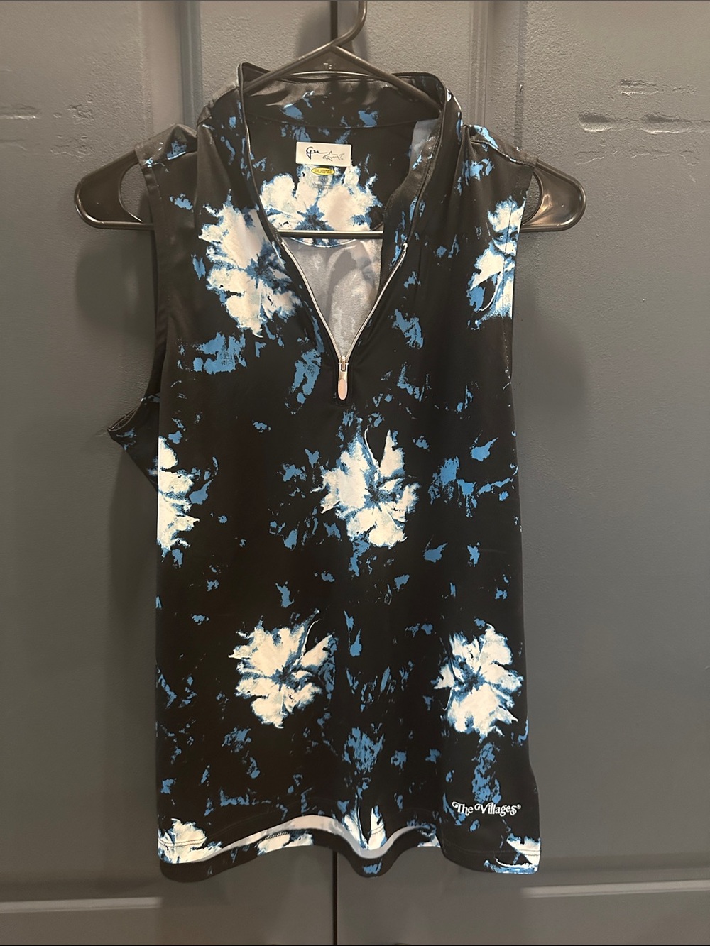 Greg Norman Collection Black Tank Top with Blue & White Floral Zip Neck